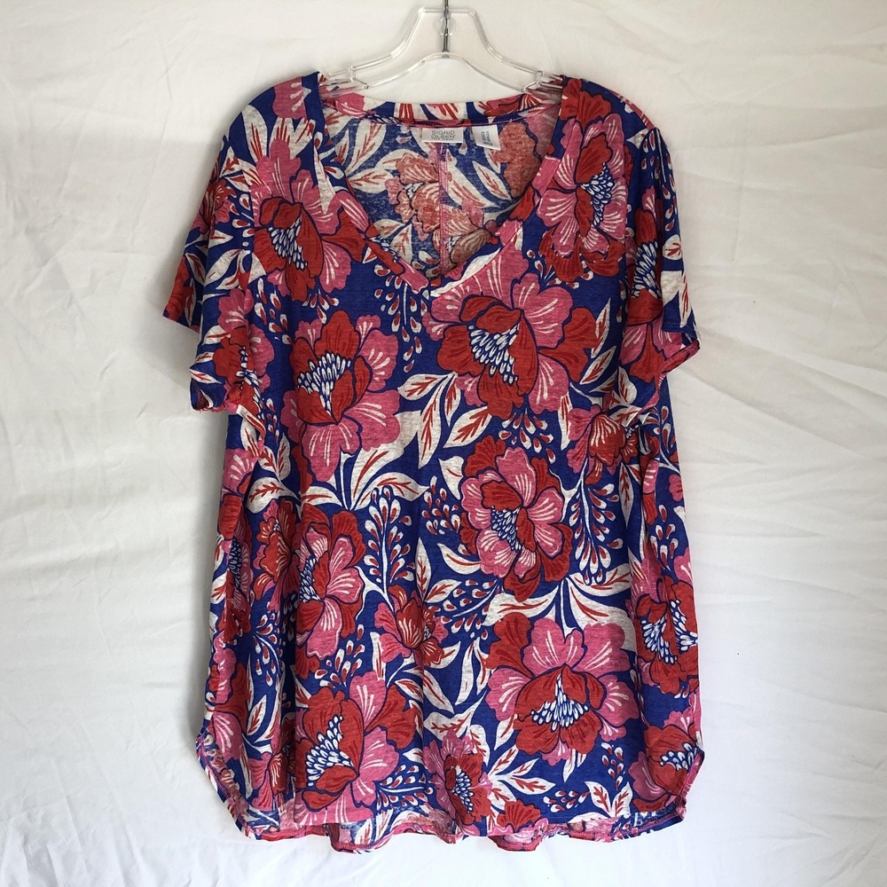 Sigrid Olsen Shirt Womens 1X Blue Floral Linen V Neck Short Sleeve Tunic Top